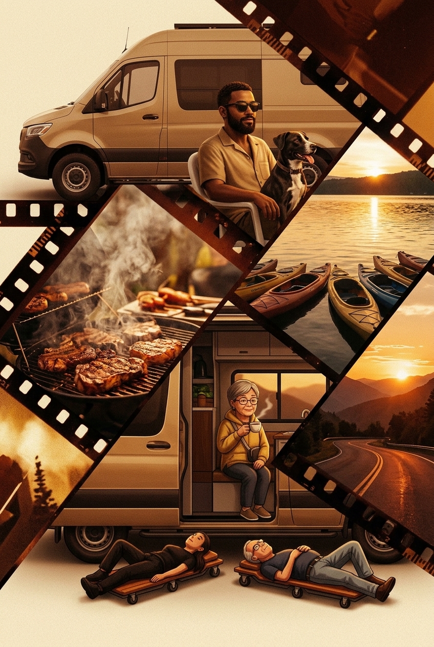 Collage of van, lake, BBQ, and nature in warm golden tones
